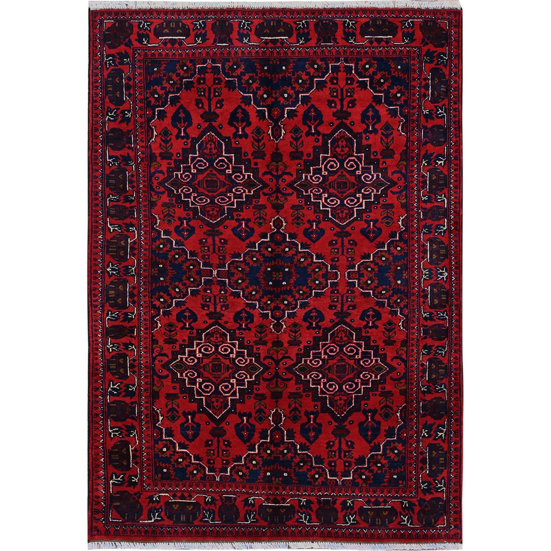 3'10"x5'7" Crimson Red, Afghan Khamyab with Geometric Design, Hand Knotted, Soft and Velvety Wool, Vegetable Dyes, Oriental Rug HR676