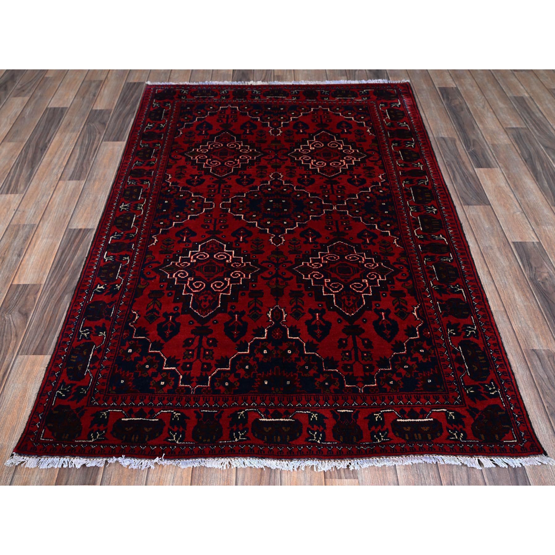 3'10"x5'7" Crimson Red, Afghan Khamyab with Geometric Design, Hand Knotted, Soft and Velvety Wool, Vegetable Dyes, Oriental Rug HR676 - Image 2
