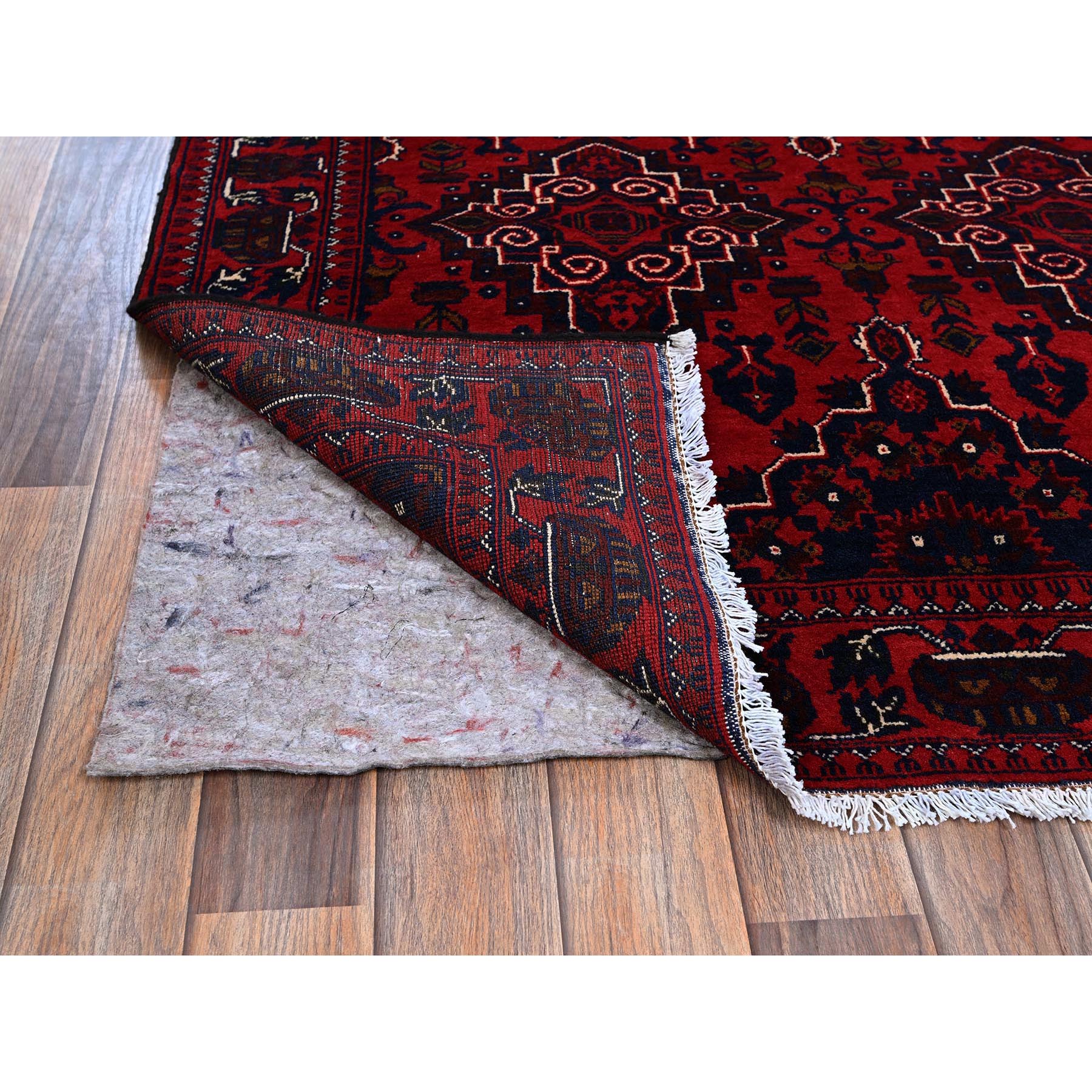 3'10"x5'7" Crimson Red, Afghan Khamyab with Geometric Design, Hand Knotted, Soft and Velvety Wool, Vegetable Dyes, Oriental Rug HR676 - Image 3