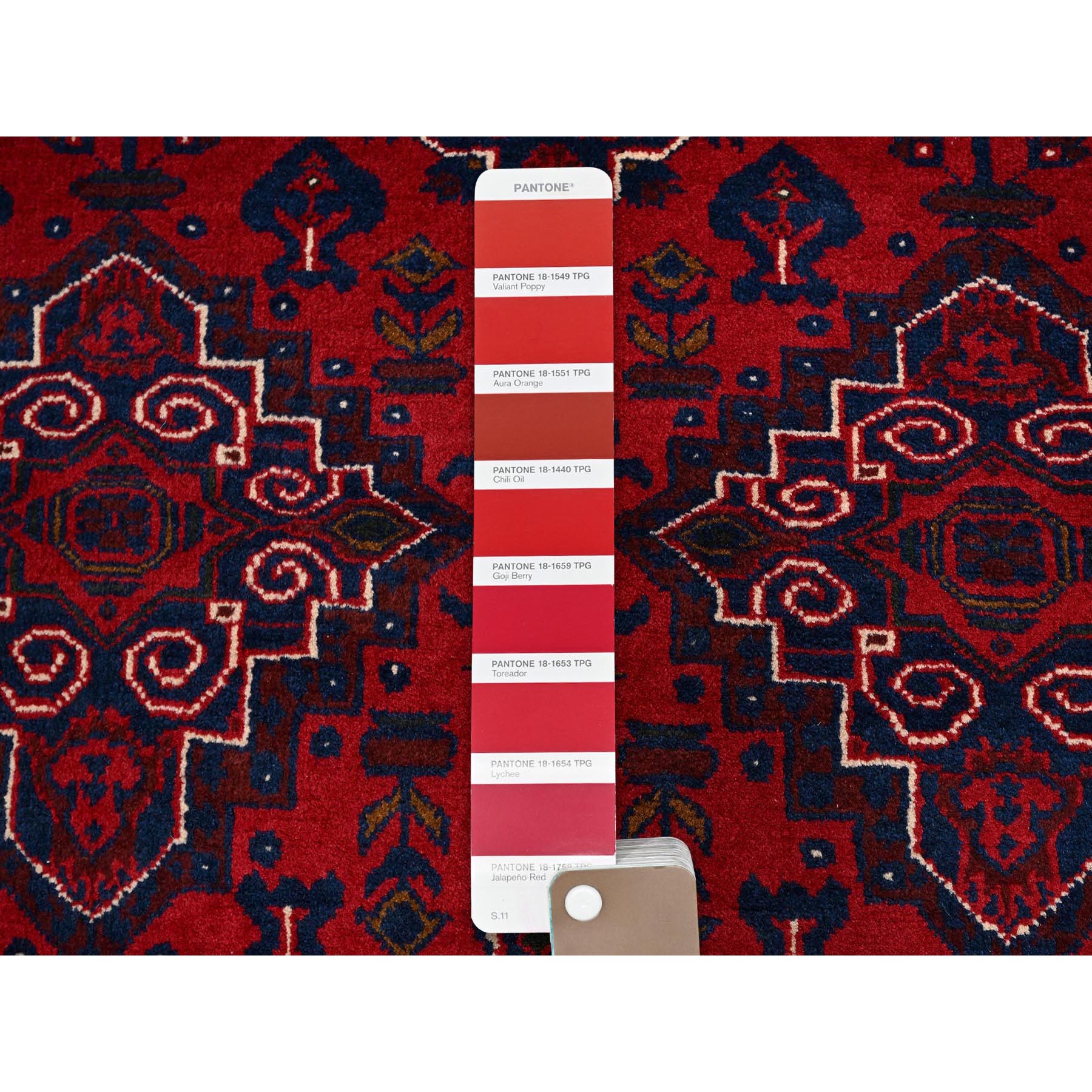 3'10"x5'7" Crimson Red, Afghan Khamyab with Geometric Design, Hand Knotted, Soft and Velvety Wool, Vegetable Dyes, Oriental Rug HR676 - Image 4