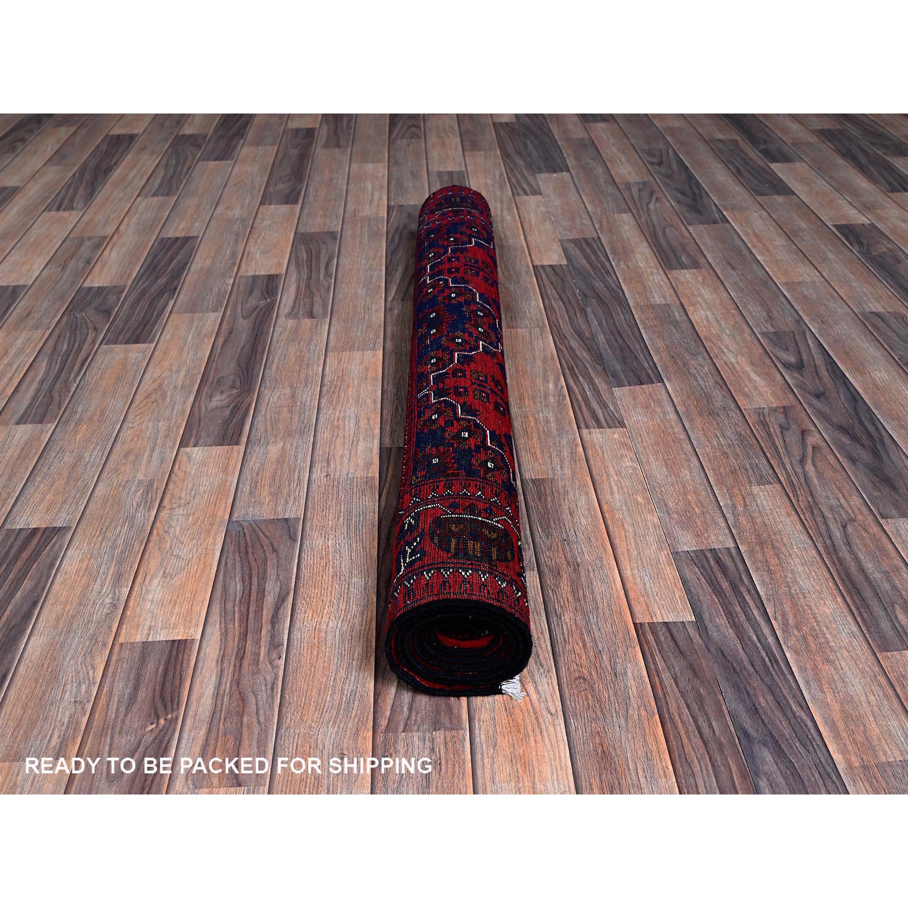 3'10"x5'7" Crimson Red, Afghan Khamyab with Geometric Design, Hand Knotted, Soft and Velvety Wool, Vegetable Dyes, Oriental Rug HR676 - Image 5