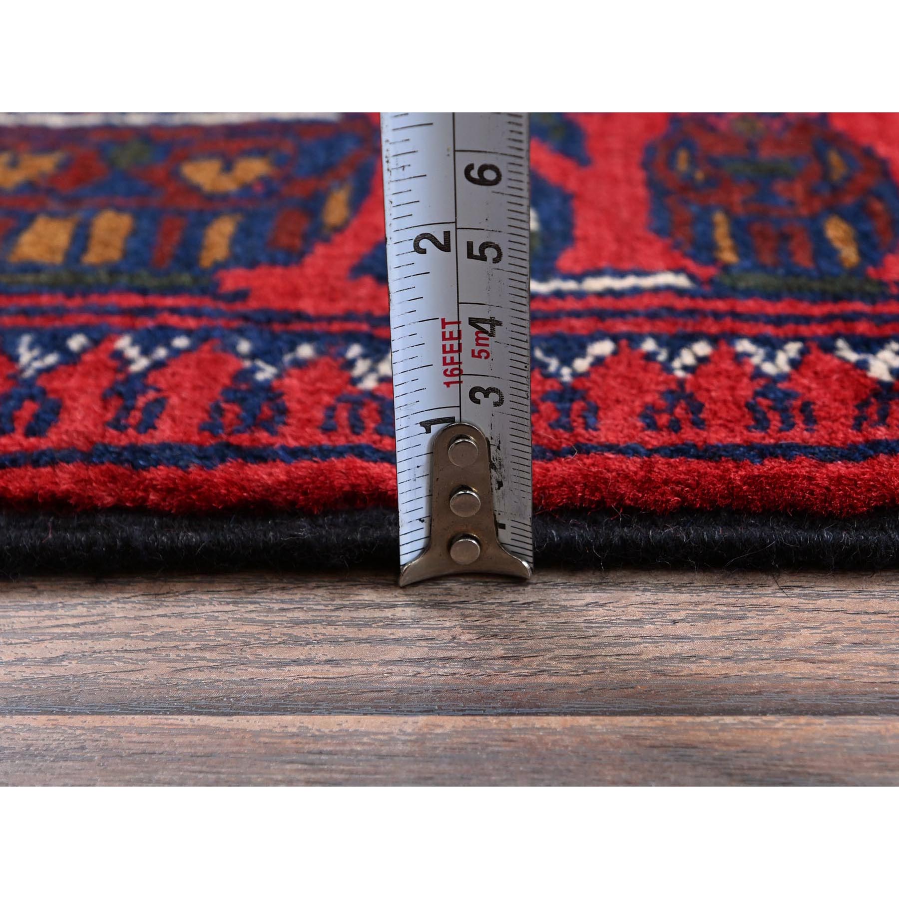 3'10"x5'7" Crimson Red, Afghan Khamyab with Geometric Design, Hand Knotted, Soft and Velvety Wool, Vegetable Dyes, Oriental Rug HR676 - Image 6