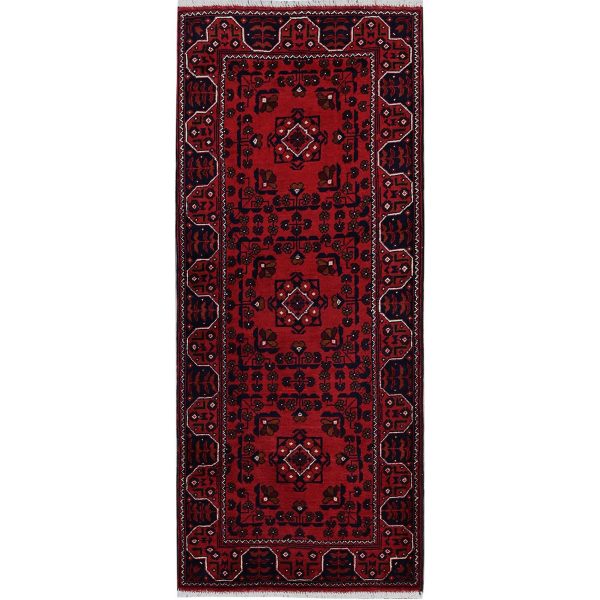 2'2"x5'4" Ruby Red, Afghan Khamyab with Tribal Medallions Design, Pure Wool, Vegetable Dyes, Hand Knotted, Short Runner, Oriental Rug HR677
