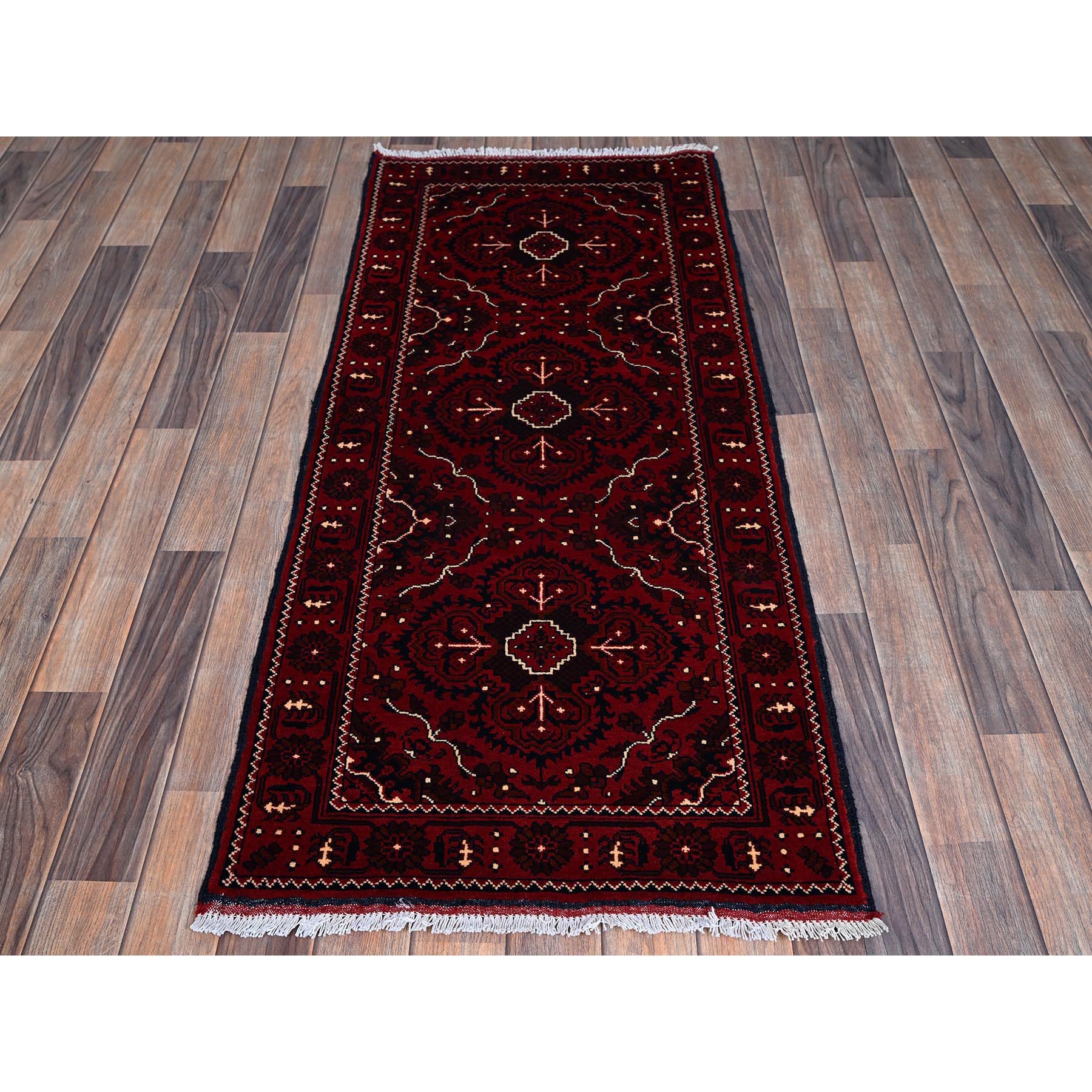 2'4'x5'2" Ruby Red, Afghan Khamyab with Tribal Design, Hand Knotted, Soft and Shiny Wool, Natural Dyes, Short Runner, Oriental Rug HR684 - Image 2