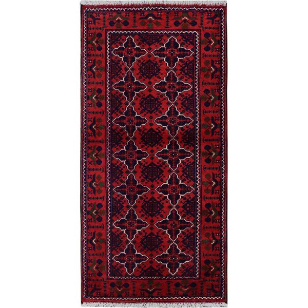 2'3"x4'8" Chili Red, Hand Knotted, Afghan Khamyab with Geometric Pattern, Pure Wool, Natural Dyes, Short Runner, Oriental Rug HR687