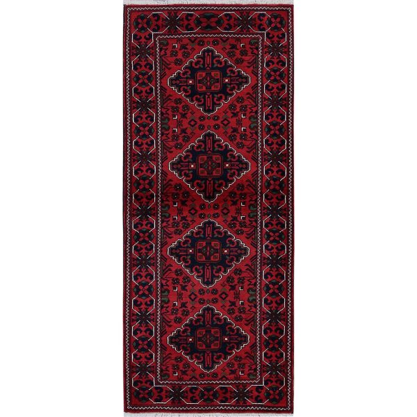 2'4"x5'8" Angels Red, Afghan Khamyab with Geometric Pattern, Soft and Velvety Wool, Hand Knotted, Vegetable Dyes, Short Runner, Oriental Rug HR698