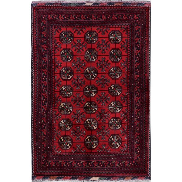 2'9"x4' Scarlet Red, Princess Bokara with Geometric Medallions Pattern, Vegetable Dyes, Soft Wool, Hand Knotted, Sample, Mat, Oriental Rug HR703