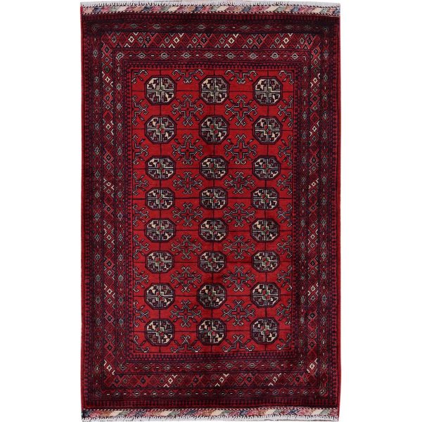 2'7"x4' Chili Red, Princess Bokara with Geometric Pattern, Natural Dyes, Hand Knotted, 100% Wool, Mat, Sample, Oriental Rug HR704
