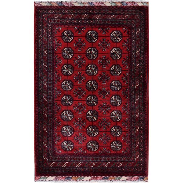 2'9"x4'1" Berry Red, Princess Bokara with Geometric Medallions Design, Vegetable Dyes, Soft and Shiny Wool, Hand Knotted, Mat, Sample, Oriental Rug HR706