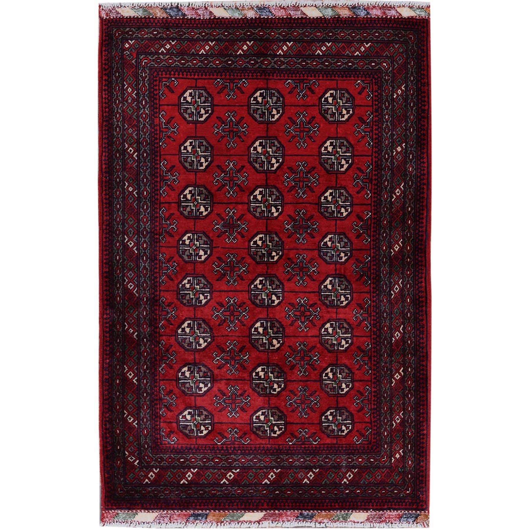 2'9"x4'1" Berry Red, Princess Bokara with Geometric Medallions Design, Vegetable Dyes, Soft and Shiny Wool, Hand Knotted, Mat, Sample, Oriental Rug HR706