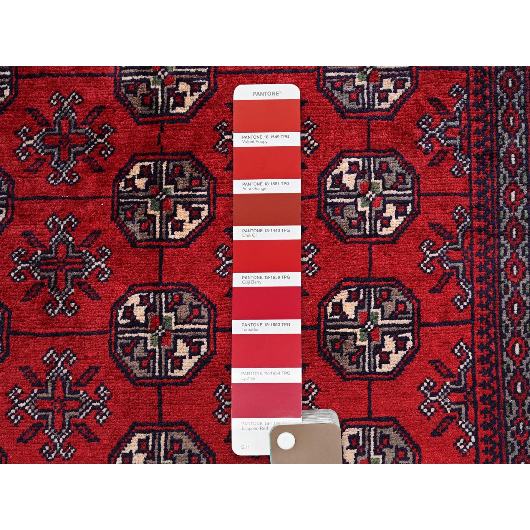 2'9"x4'1" Berry Red, Princess Bokara with Geometric Medallions Design, Vegetable Dyes, Soft and Shiny Wool, Hand Knotted, Mat, Sample, Oriental Rug HR706 - Image 4