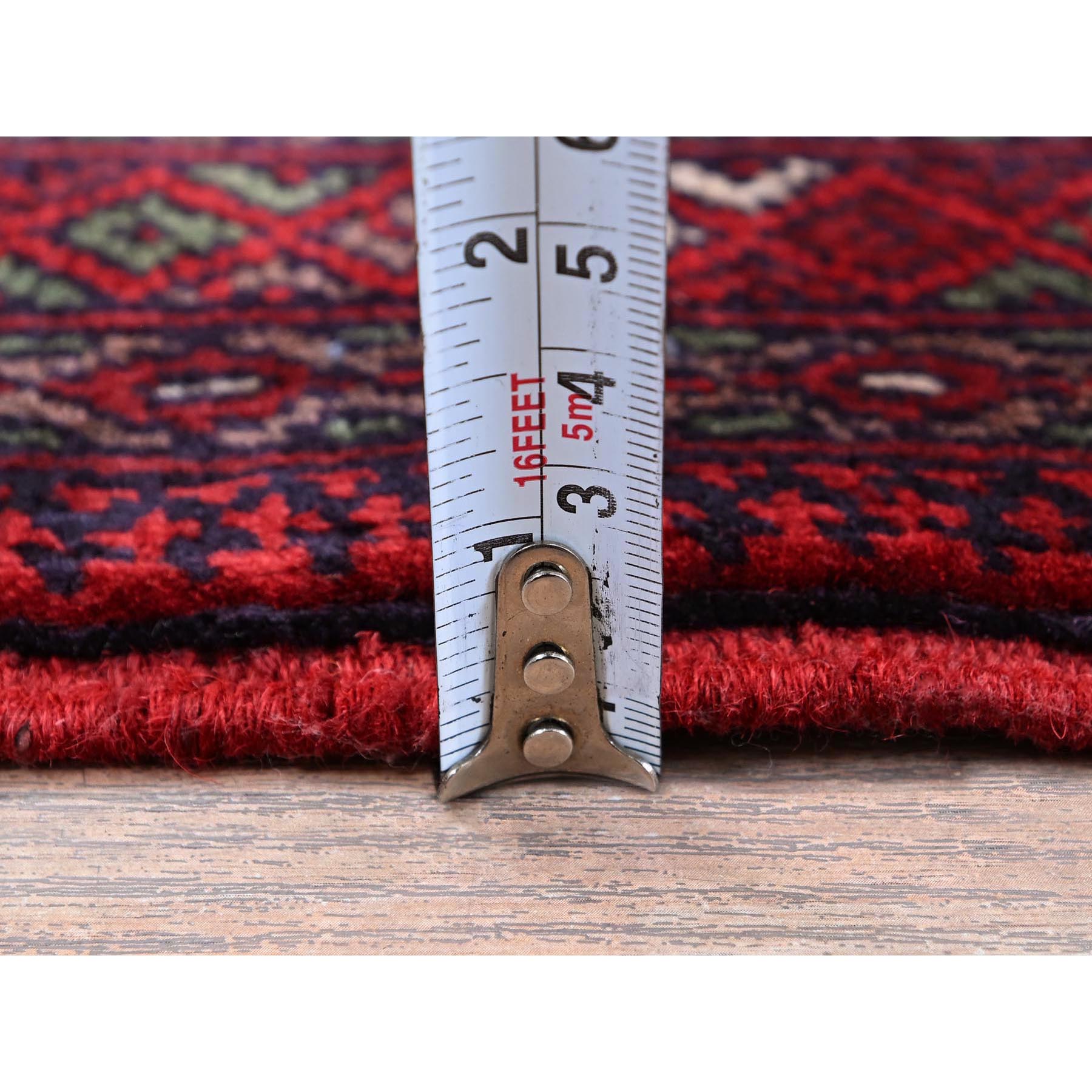2'9"x4'1" Berry Red, Princess Bokara with Geometric Medallions Design, Vegetable Dyes, Soft and Shiny Wool, Hand Knotted, Mat, Sample, Oriental Rug HR706 - Image 6