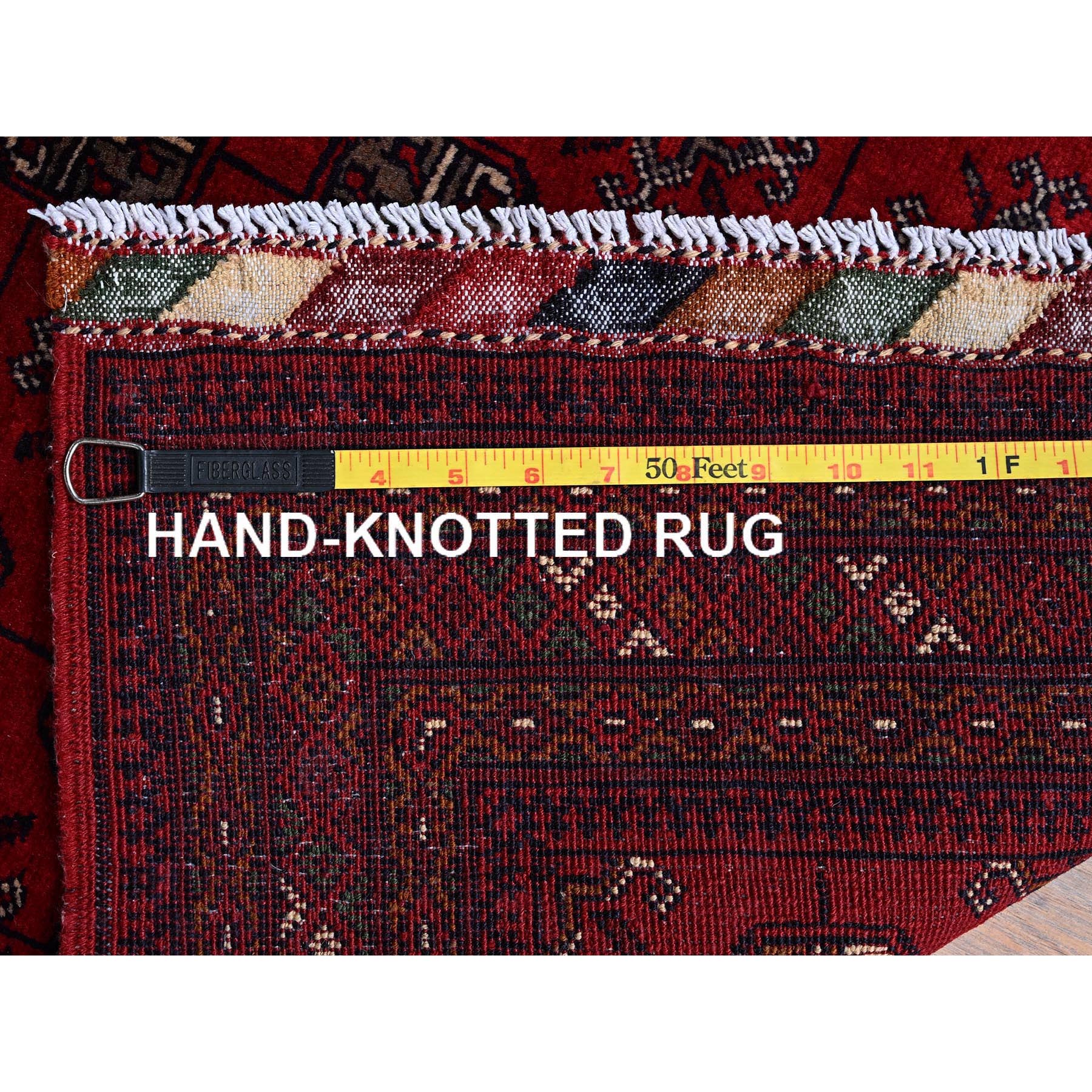 2'9"x4'1" Berry Red, Princess Bokara with Geometric Medallions Design, Vegetable Dyes, Soft and Shiny Wool, Hand Knotted, Mat, Sample, Oriental Rug HR706 - Image 7