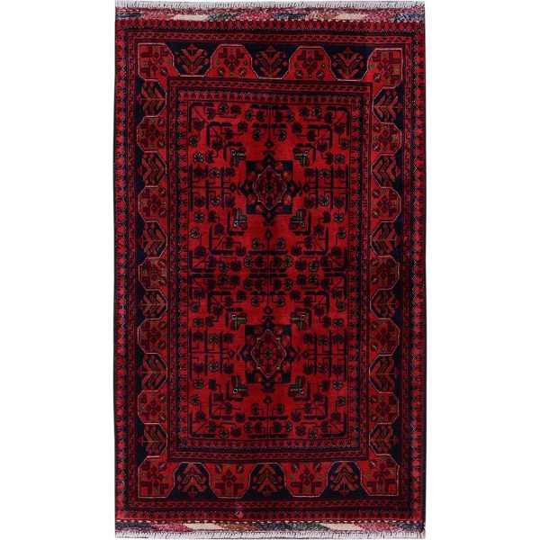 2'7"x4'2" Angels Red, Afghan Khamyab with Tribal Design, Soft and Shiny Wool, Vegetable Dyes, Hand Knotted, Mat, Sample, Oriental Rug HR710