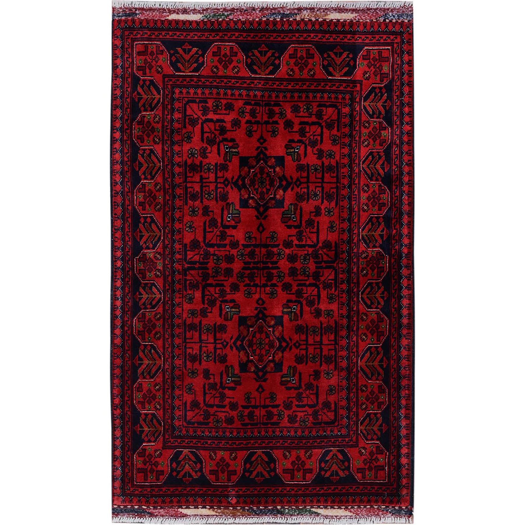 2'7"x4'2" Angels Red, Afghan Khamyab with Tribal Design, Soft and Shiny Wool, Vegetable Dyes, Hand Knotted, Mat, Sample, Oriental Rug HR710