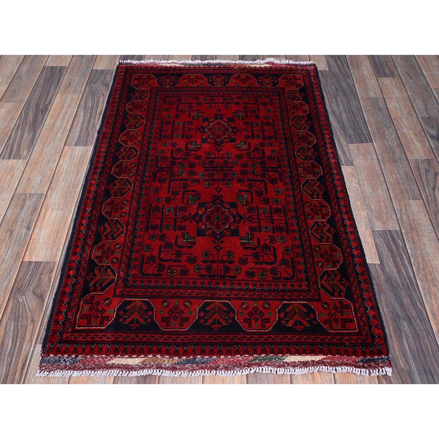 2'7"x4'2" Angels Red, Afghan Khamyab with Tribal Design, Soft and Shiny Wool, Vegetable Dyes, Hand Knotted, Mat, Sample, Oriental Rug HR710 - Image 2