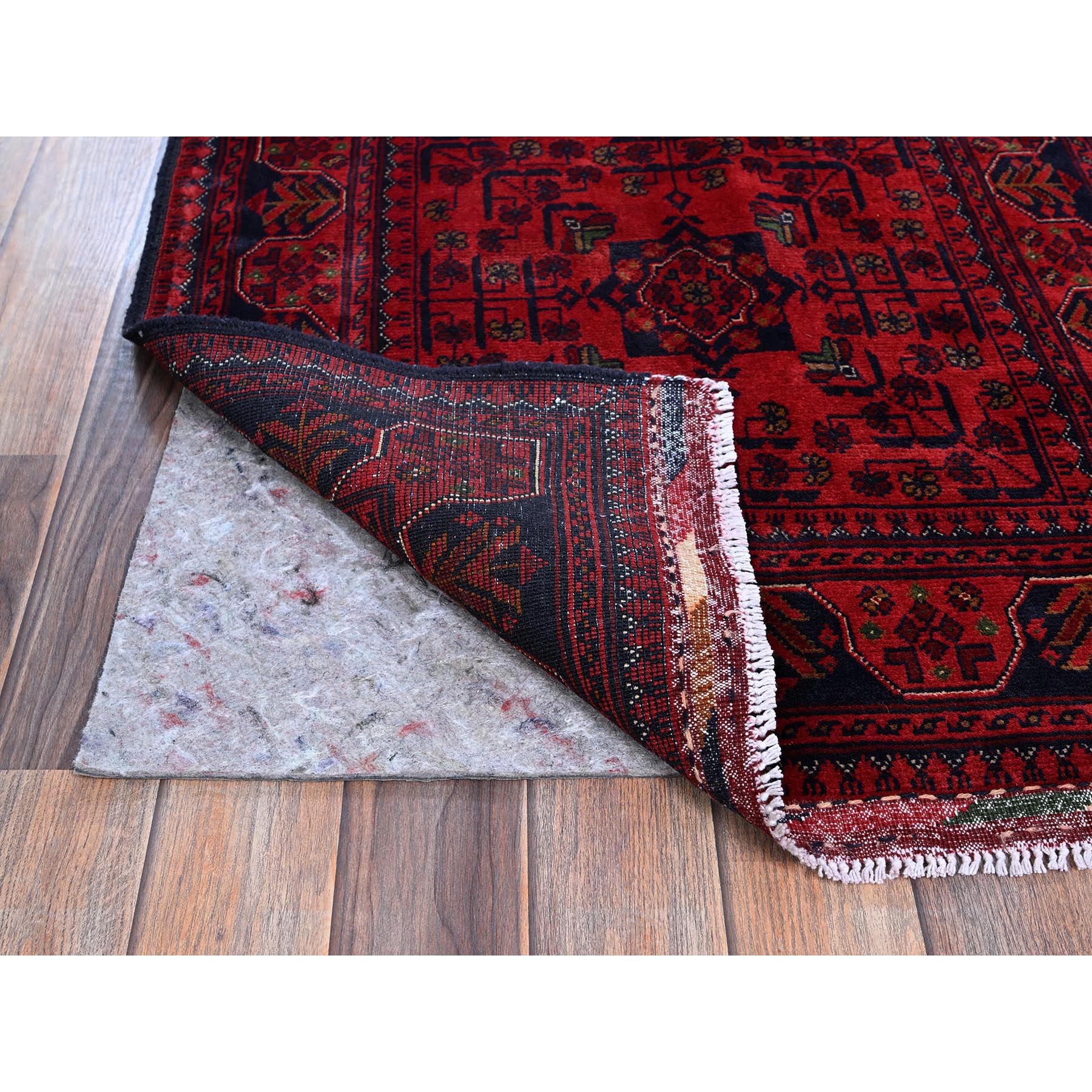 2'7"x4'2" Angels Red, Afghan Khamyab with Tribal Design, Soft and Shiny Wool, Vegetable Dyes, Hand Knotted, Mat, Sample, Oriental Rug HR710 - Image 3