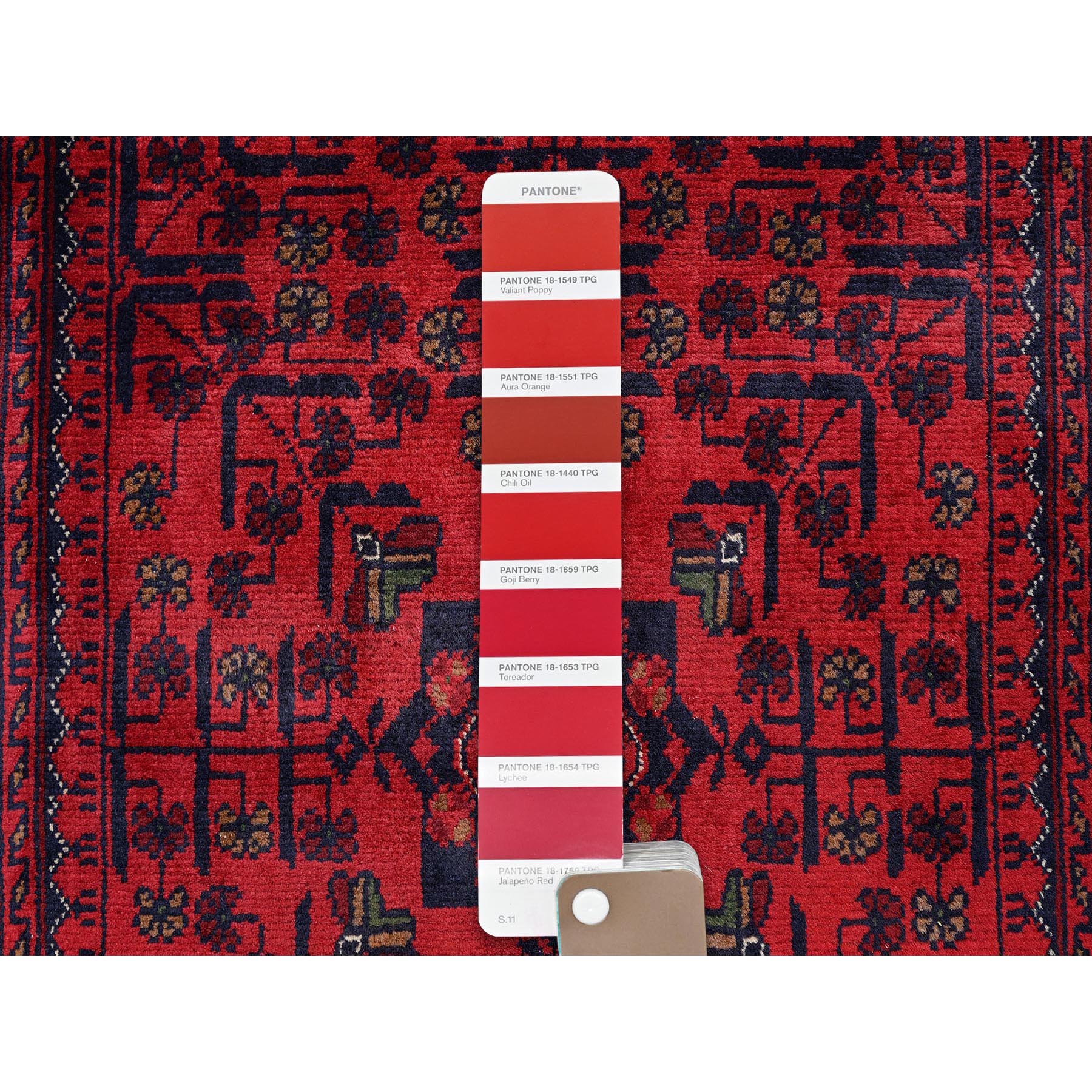 2'7"x4'2" Angels Red, Afghan Khamyab with Tribal Design, Soft and Shiny Wool, Vegetable Dyes, Hand Knotted, Mat, Sample, Oriental Rug HR710 - Image 4