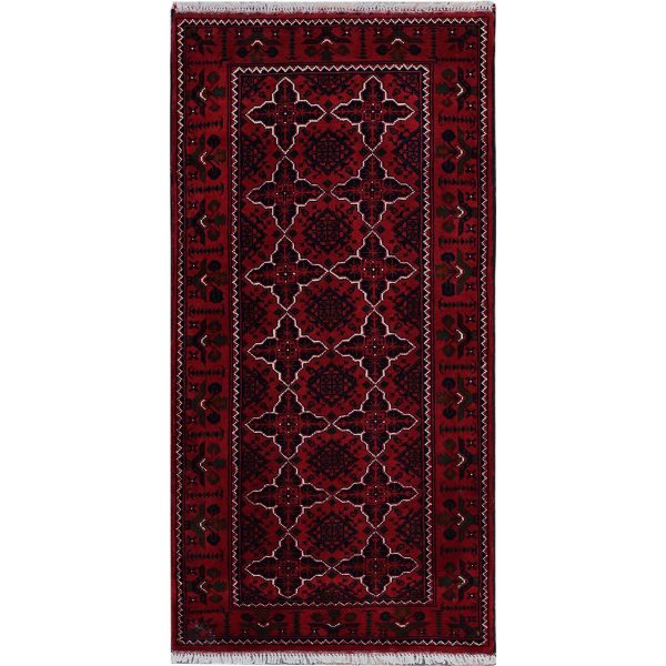 2'3"x4'6" Scarlet Red, Afghan Khamyab with Geometric Pattern, Hand Knotted, Soft and Velvety Wool, Vegetable Dyes, Short Runner, Oriental Rug HR719