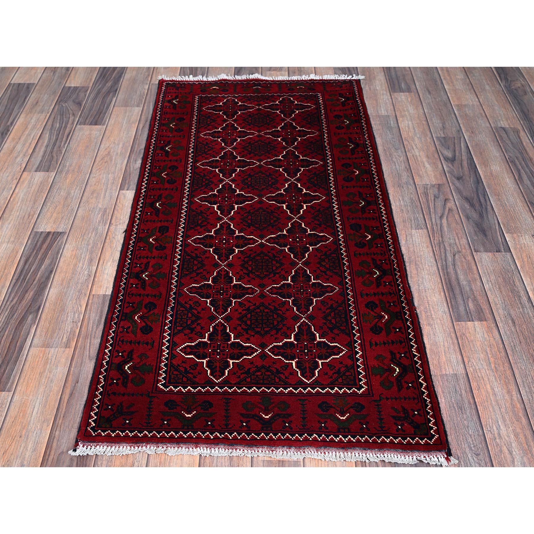 2'3"x4'6" Scarlet Red, Afghan Khamyab with Geometric Pattern, Hand Knotted, Soft and Velvety Wool, Vegetable Dyes, Short Runner, Oriental Rug HR719 - Image 2