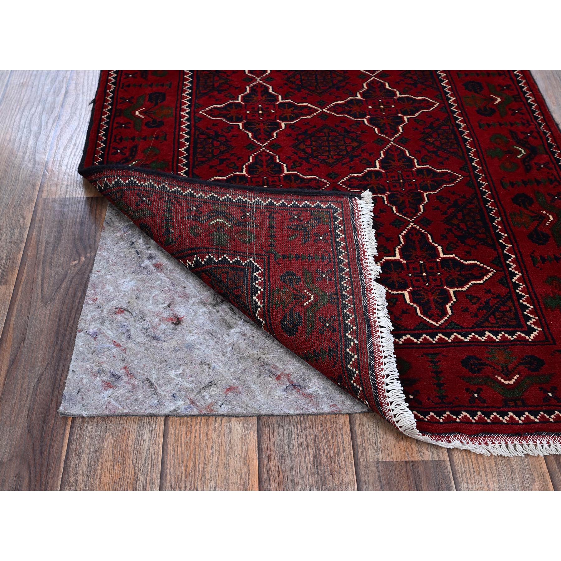 2'3"x4'6" Scarlet Red, Afghan Khamyab with Geometric Pattern, Hand Knotted, Soft and Velvety Wool, Vegetable Dyes, Short Runner, Oriental Rug HR719 - Image 3