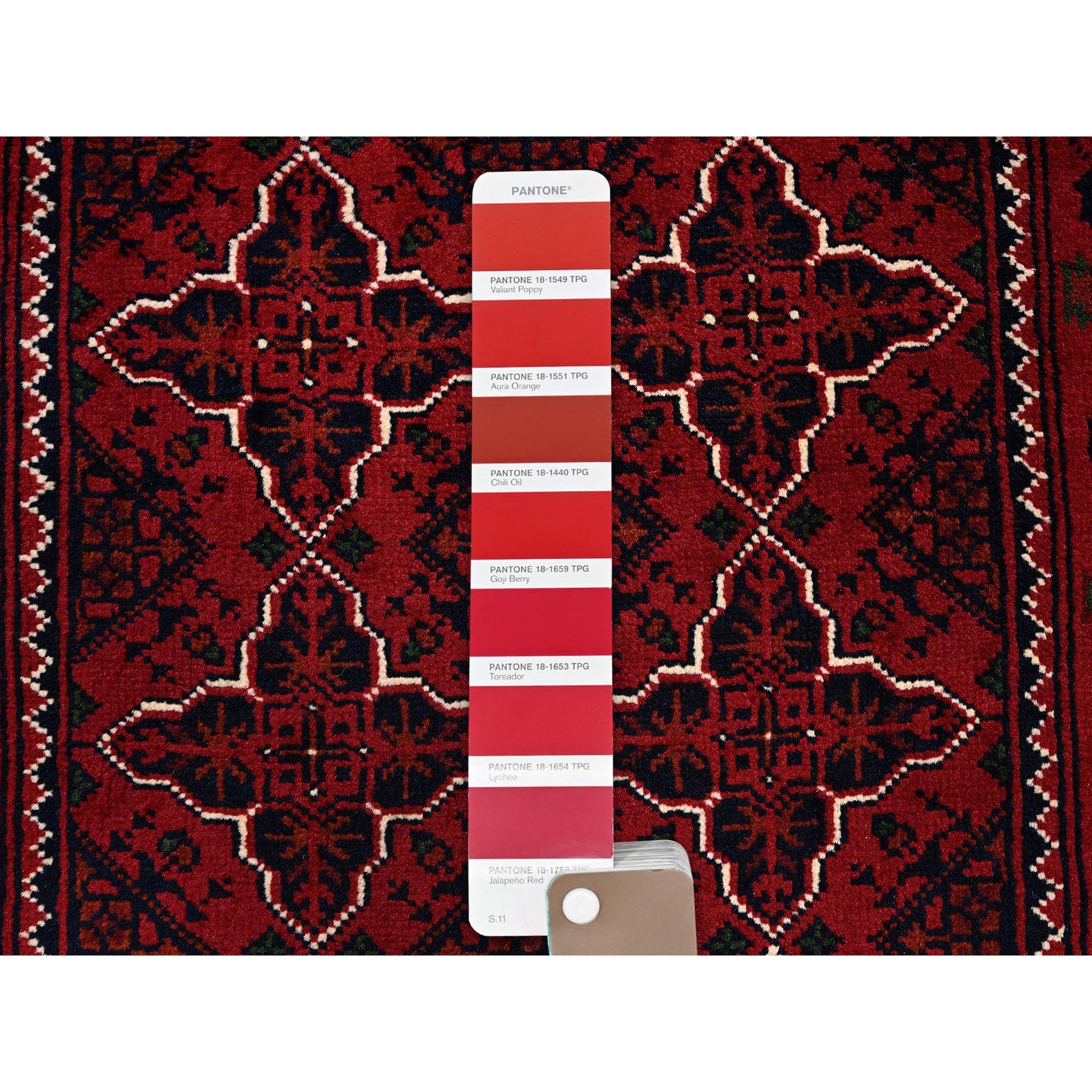 2'3"x4'6" Scarlet Red, Afghan Khamyab with Geometric Pattern, Hand Knotted, Soft and Velvety Wool, Vegetable Dyes, Short Runner, Oriental Rug HR719 - Image 4