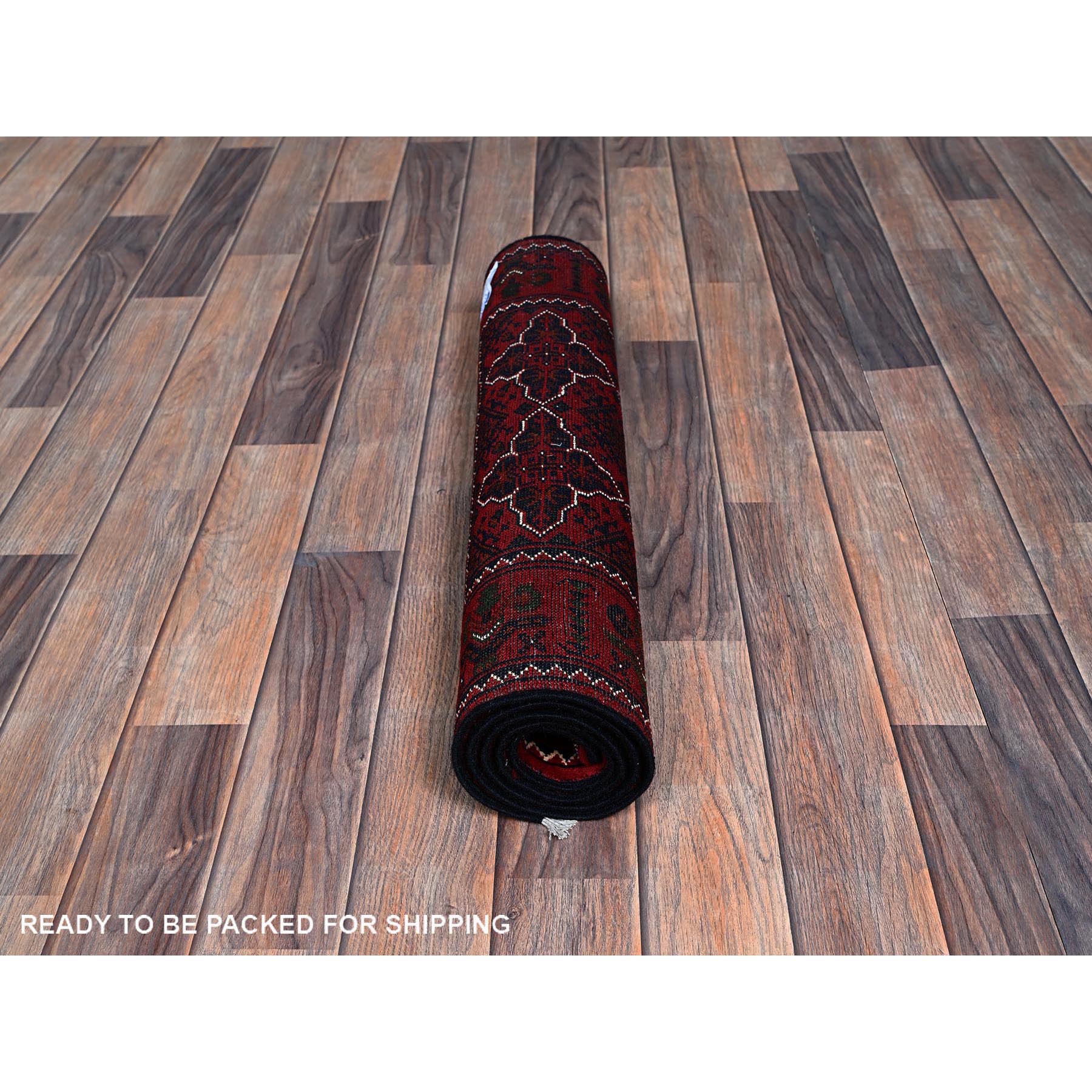 2'3"x4'6" Scarlet Red, Afghan Khamyab with Geometric Pattern, Hand Knotted, Soft and Velvety Wool, Vegetable Dyes, Short Runner, Oriental Rug HR719 - Image 5