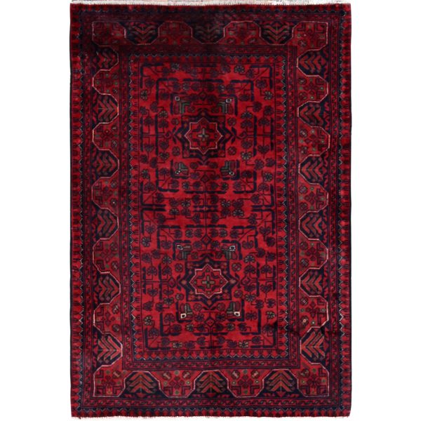 2'8"x4' Berry Red, Afghan Khamyab with Tribal Design, Soft and Shiny Wool, Vegetable Dyes, Hand Knotted, Mat, Sample, Oriental Rug HR726