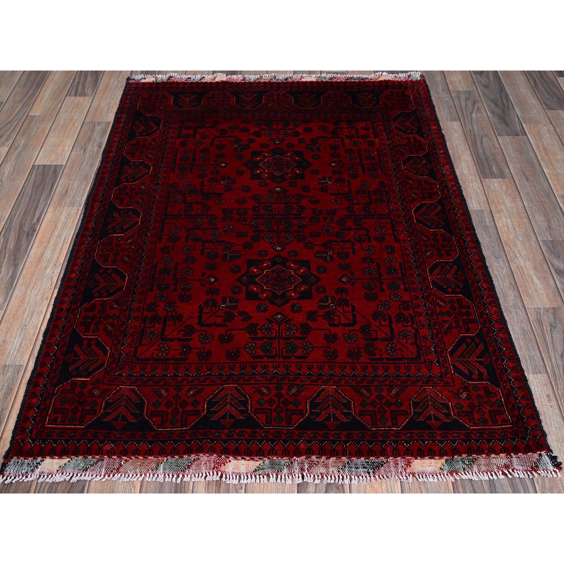 3'5"x4'9" Berry Red, Afghan Khamyab with Geometric Pattern, Soft and Velvety Wool, Hand Knotted, Vegetable Dyes, Oriental Rug HR731 - Image 2