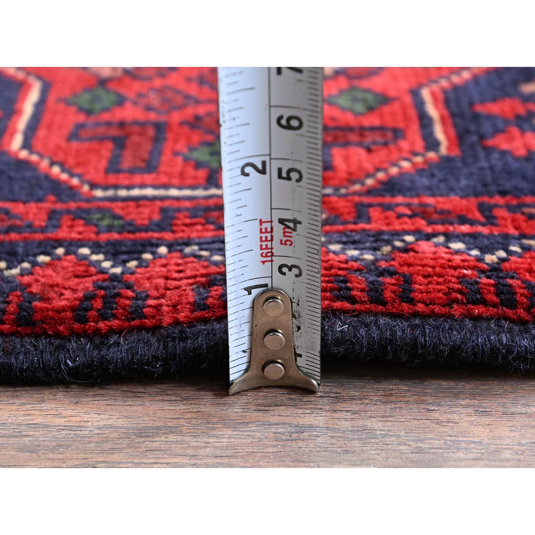 3'5"x4'9" Berry Red, Afghan Khamyab with Geometric Pattern, Soft and Velvety Wool, Hand Knotted, Vegetable Dyes, Oriental Rug HR731 - Image 6