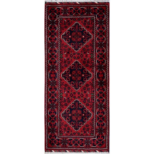 2'3"x5' Crimson Red, Afghan Khamyab with Geometric Medallions Design, Hand Knotted, Soft Wool, Vegetable Dyes, Short & Narrow Runner, Oriental Rug HR736