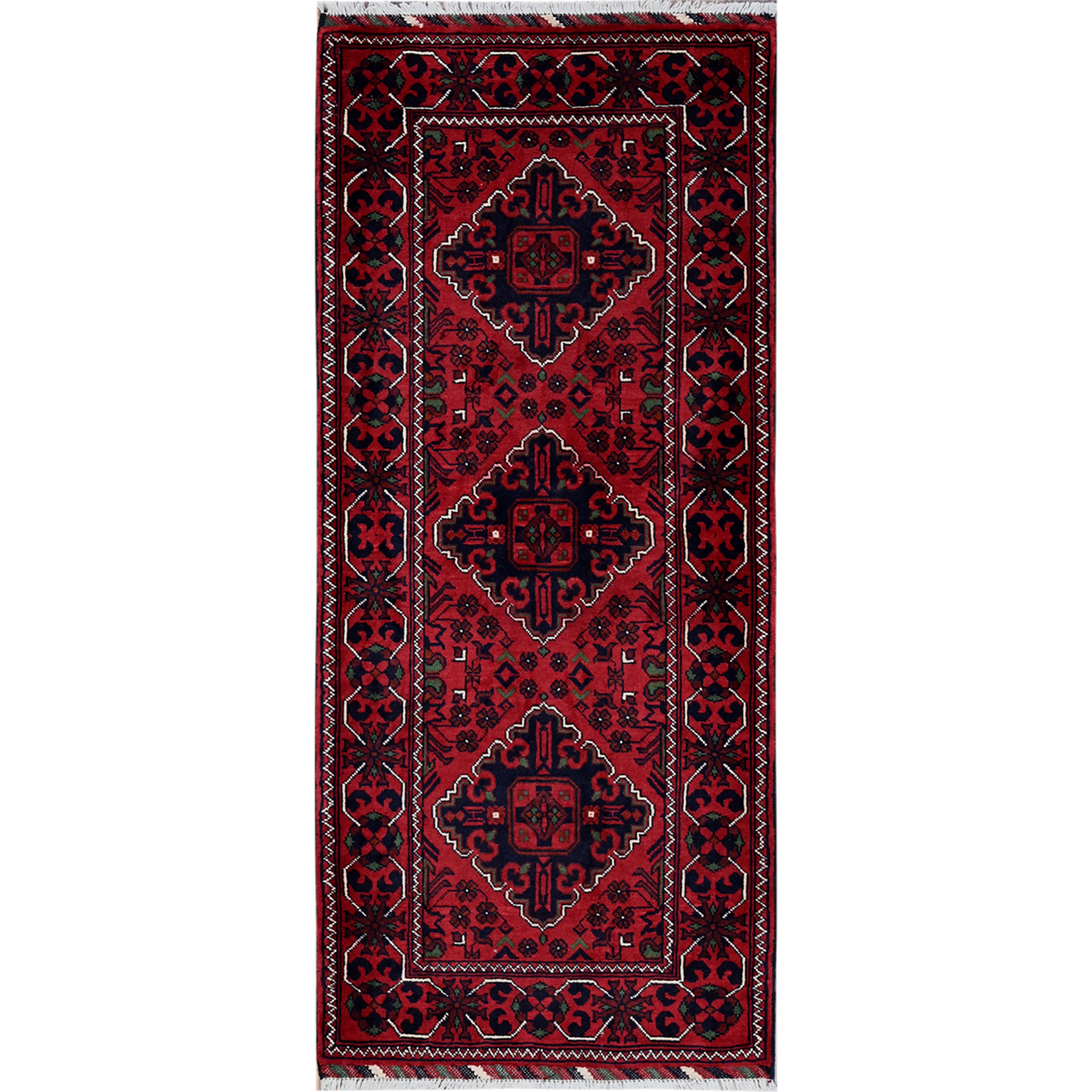 2'3"x5' Crimson Red, Afghan Khamyab with Geometric Medallions Design, Hand Knotted, Soft Wool, Vegetable Dyes, Short & Narrow Runner, Oriental Rug HR736