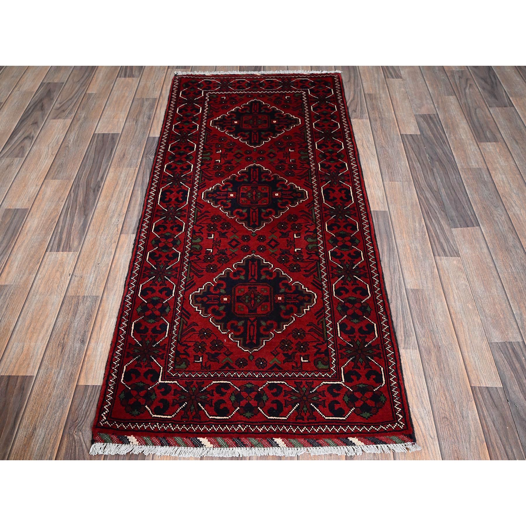 2'3"x5' Crimson Red, Afghan Khamyab with Geometric Medallions Design, Hand Knotted, Soft Wool, Vegetable Dyes, Short & Narrow Runner, Oriental Rug HR736 - Image 2