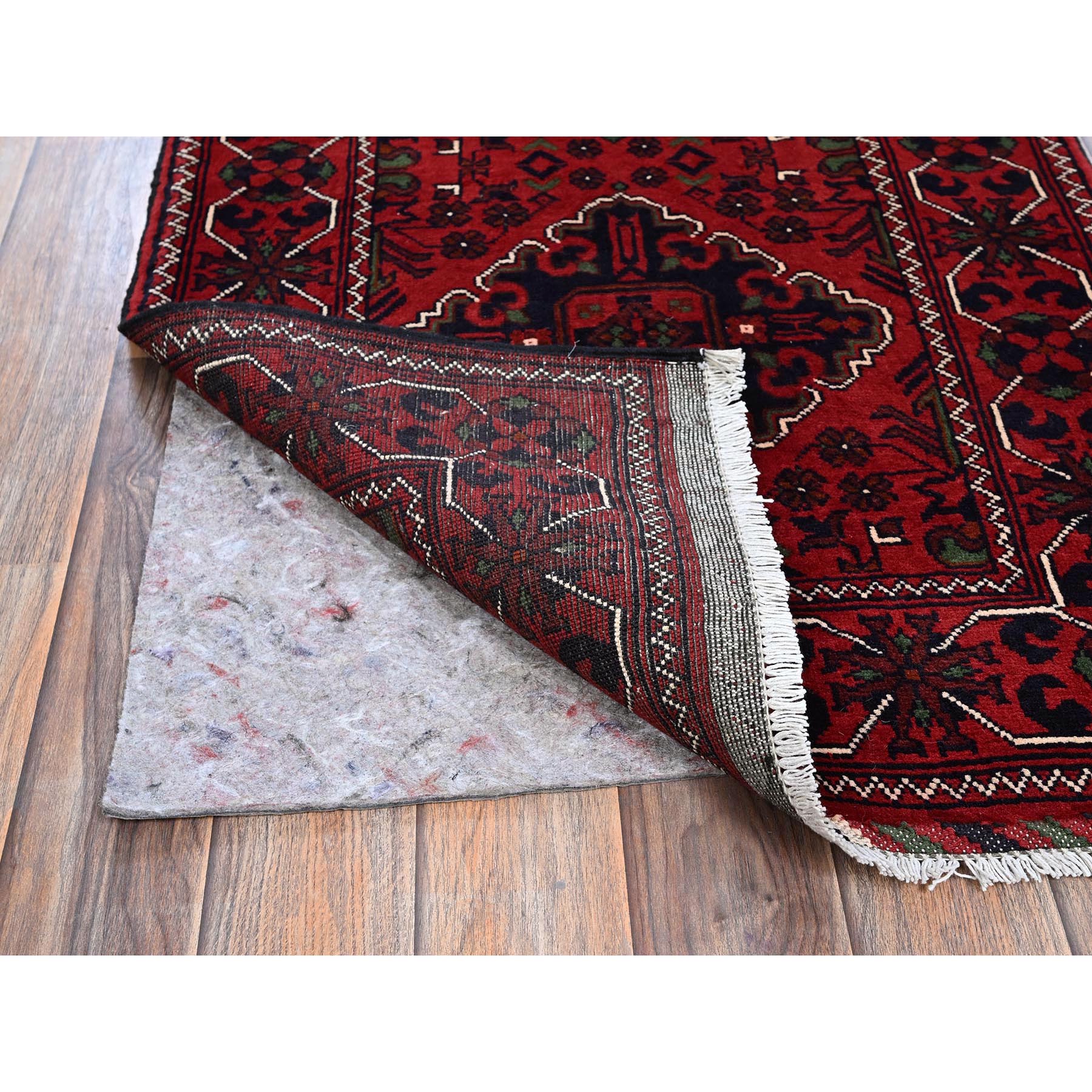 2'3"x5' Crimson Red, Afghan Khamyab with Geometric Medallions Design, Hand Knotted, Soft Wool, Vegetable Dyes, Short & Narrow Runner, Oriental Rug HR736 - Image 3