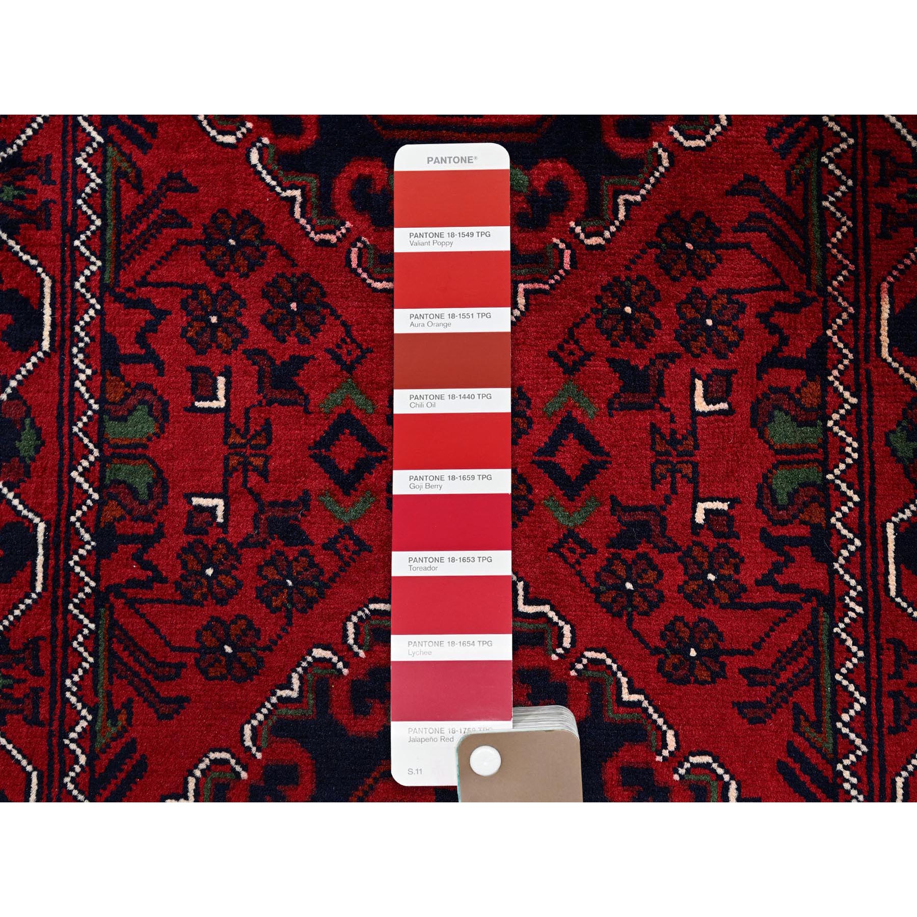 2'3"x5' Crimson Red, Afghan Khamyab with Geometric Medallions Design, Hand Knotted, Soft Wool, Vegetable Dyes, Short & Narrow Runner, Oriental Rug HR736 - Image 4