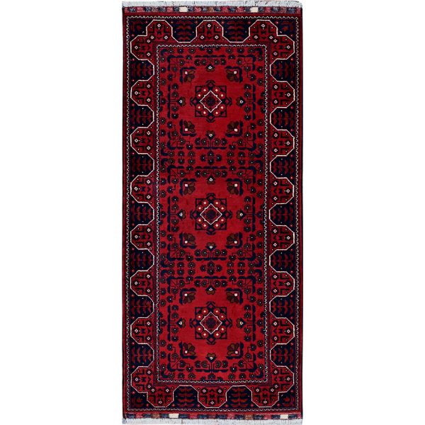 2'3"x5' Angels Red, Afghan Khamyab with Geometric Pattern, Hand Knotted, Soft and Velvety Wool, Vegetable Dyes, Short & Narrow Runner, Oriental Rug HR737