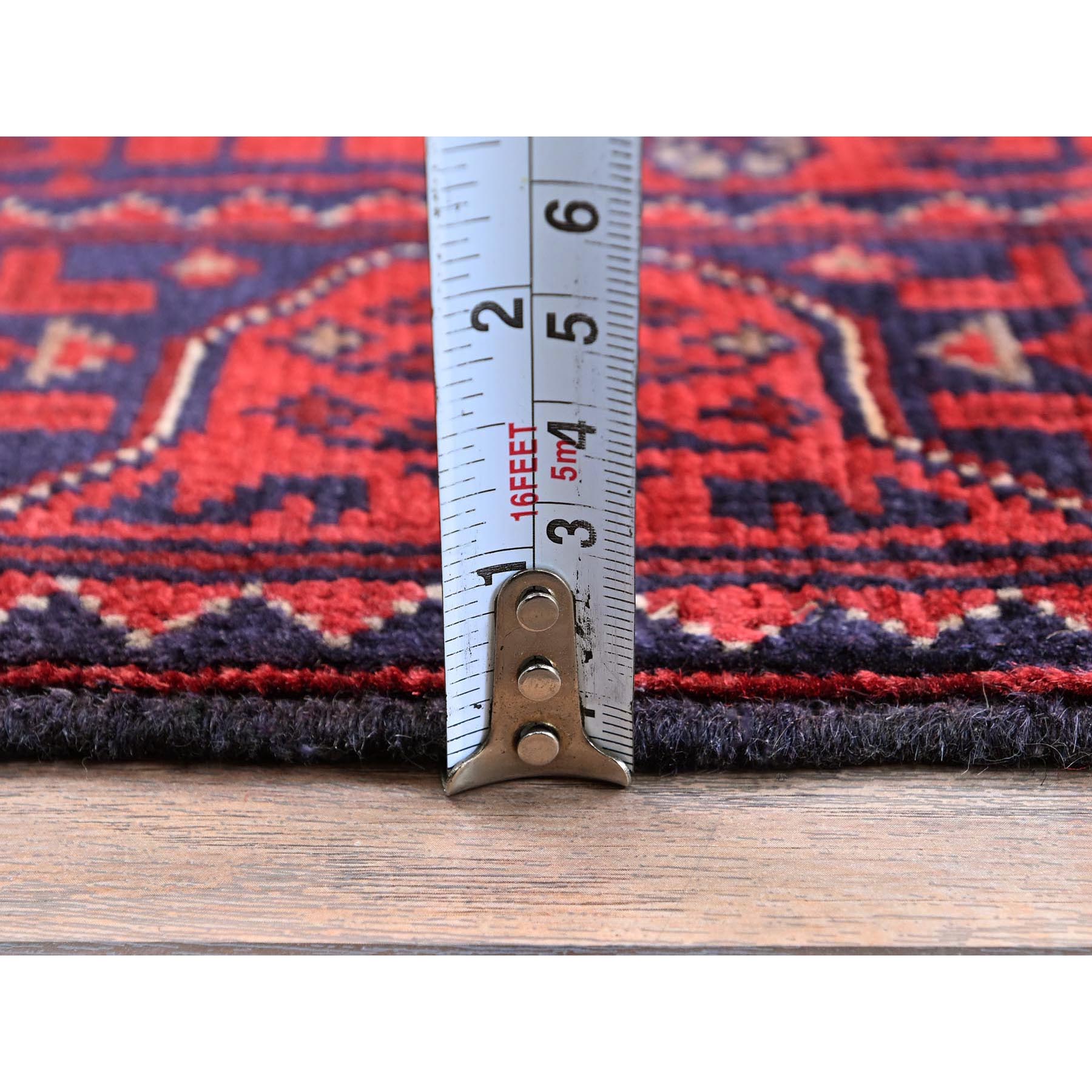 1'9"x4'9" Ruby Red, Afghan Khamyab with Geometric Medallions Design, Hand Knotted, Soft and Velvety Wool, Vegetable Dyes, Short and Narrow Runner, Oriental Rug HR753 - Image 6