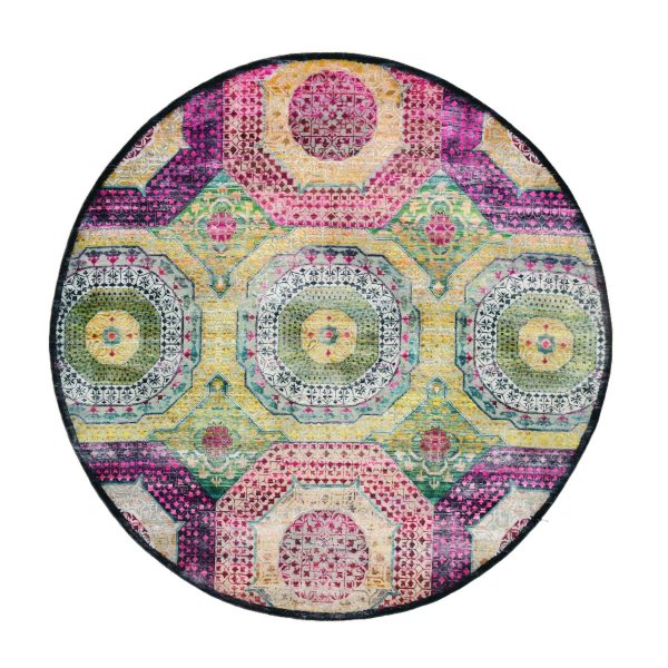 8'1"x8'1" Pastel Yellow with Pink, Mamluk Design, Sari Silk with Textured Wool, Hand Knotted, Round, Oriental Rug HR75552