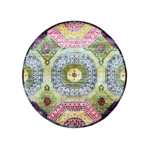 6'1"x6'1" Golden Yellow with Pink, Hand Knotted, Colorful Mamluk Design, Sari Silk with Textured Wool, Round, Oriental Rug HR75553