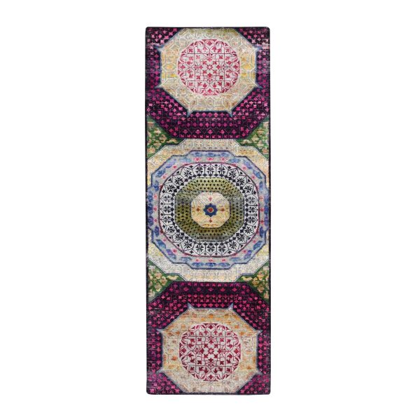 2'9"x8'1" Crimson Red with Yellow, Sari Silk with Textured Wool, Colorful Mamluk Design, Hand Knotted, Runner, Oriental Rug HR75555