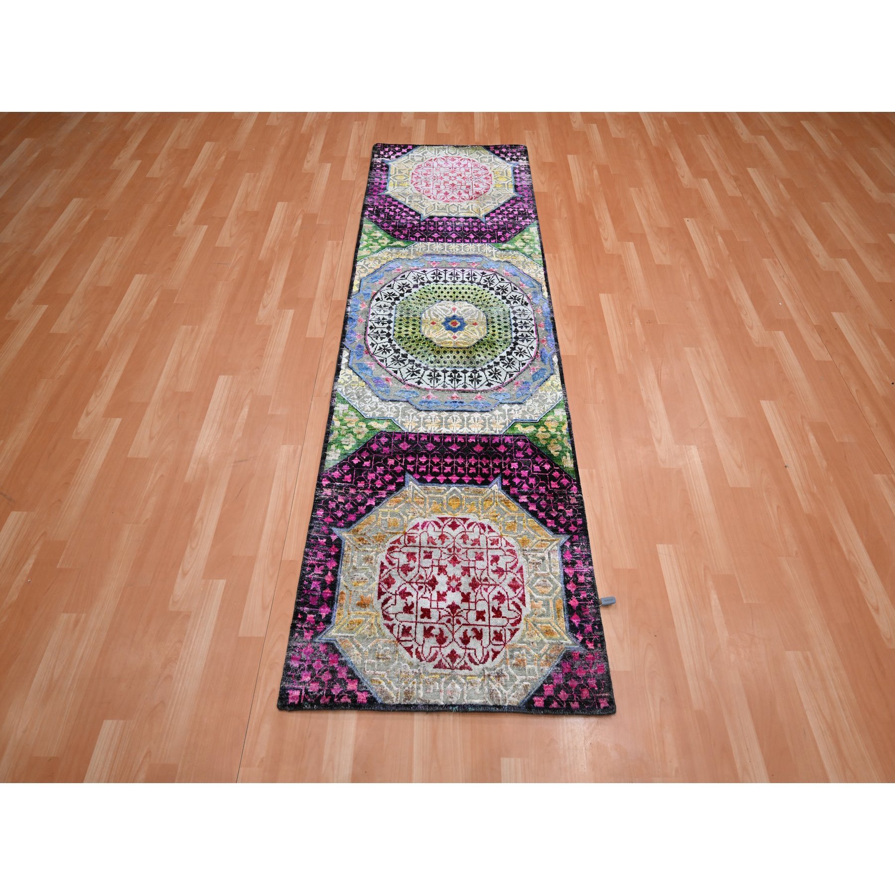 2'9"x8'1" Crimson Red with Yellow, Sari Silk with Textured Wool, Colorful Mamluk Design, Hand Knotted, Runner, Oriental Rug HR75555 - Image 2