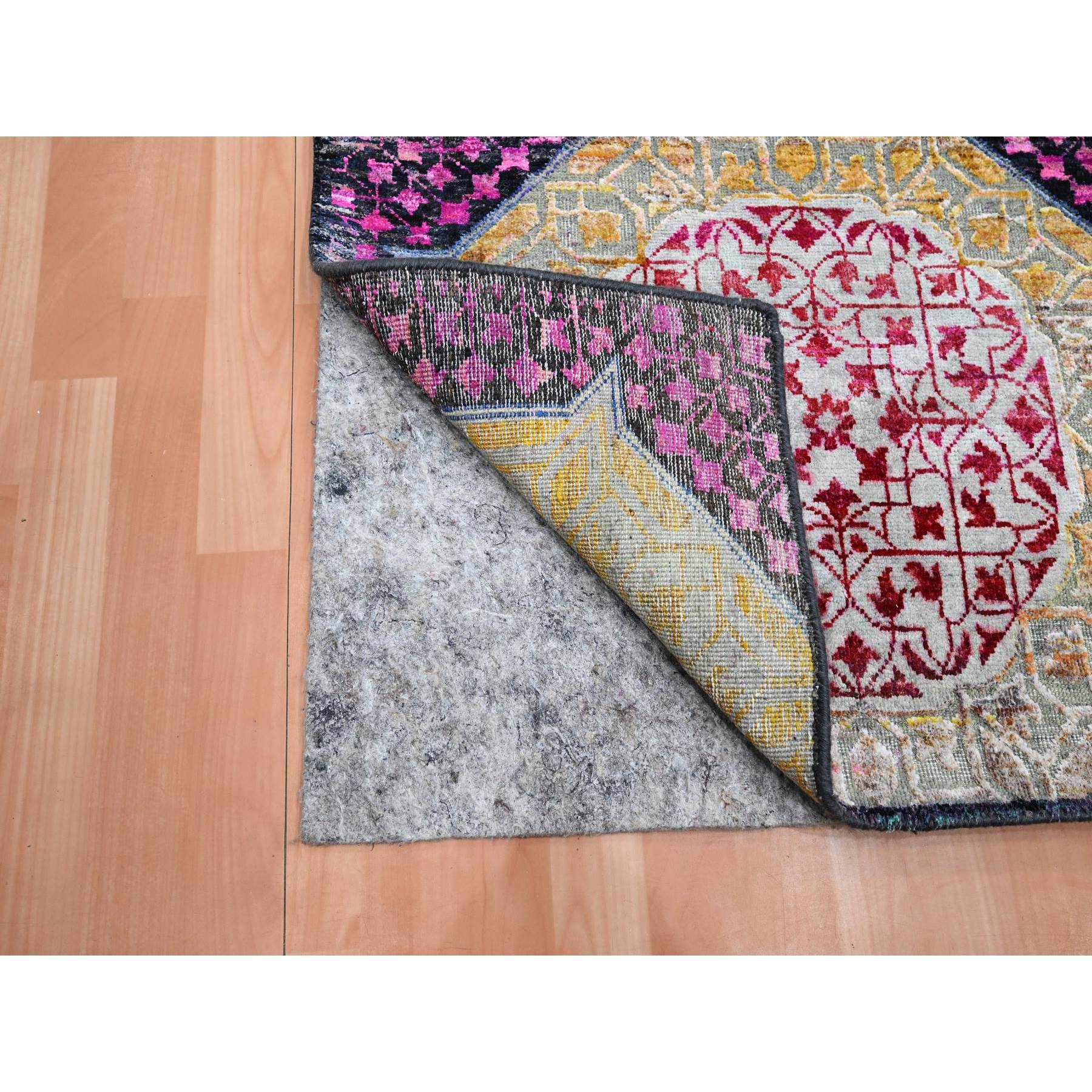 2'9"x8'1" Crimson Red with Yellow, Sari Silk with Textured Wool, Colorful Mamluk Design, Hand Knotted, Runner, Oriental Rug HR75555 - Image 3