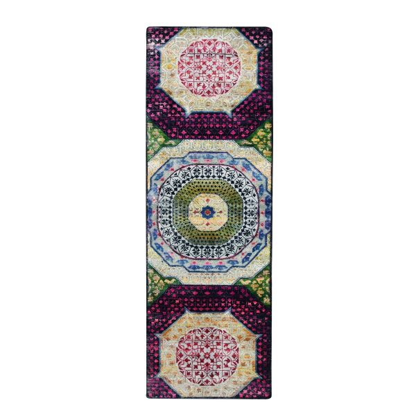 2'8"x8'1" Salsa Red and Yellow, Hand Knotted, Colorful Mamluk Design, Sari Silk with Textured Wool, Runner, Oriental Rug HR75556