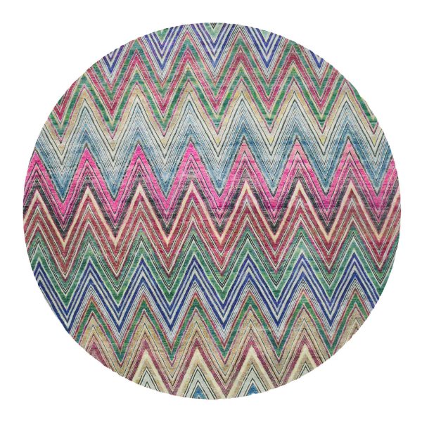 11'9"x11'9" Fuscia Pink, Colorful Chevron Design, Hand Knotted, Sari Silk with Textured Wool, Round, Oriental Rug HR75567