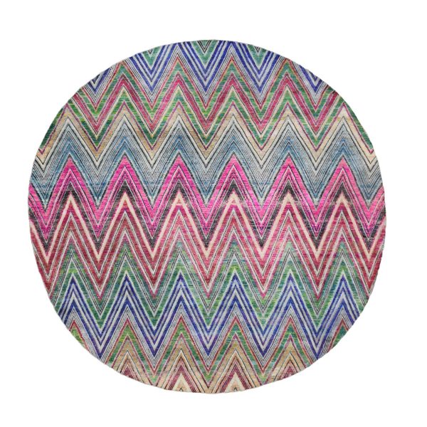 9'10"x9'10" Hot Pink, Colorful Chevron Design, Hand Knotted, Sari Silk with Textured Wool, Round, Oriental Rug HR75568