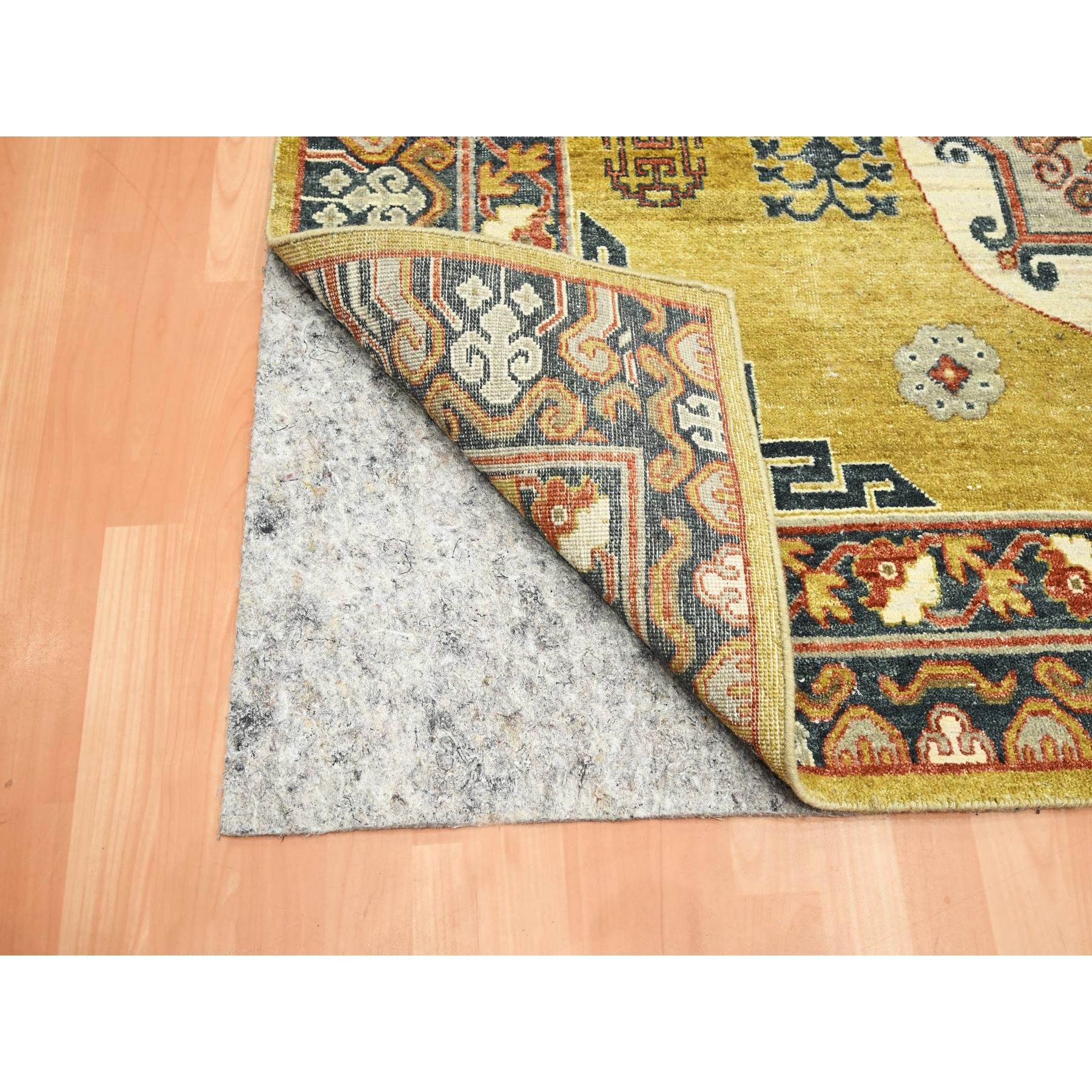 6'1"x9'4" Greenish Yellow, Khotan Influence, Shaved Low, Distressed, Zero Pile, Hand Knotted, 100% Wool, Oriental Rug HR75572 - Image 4