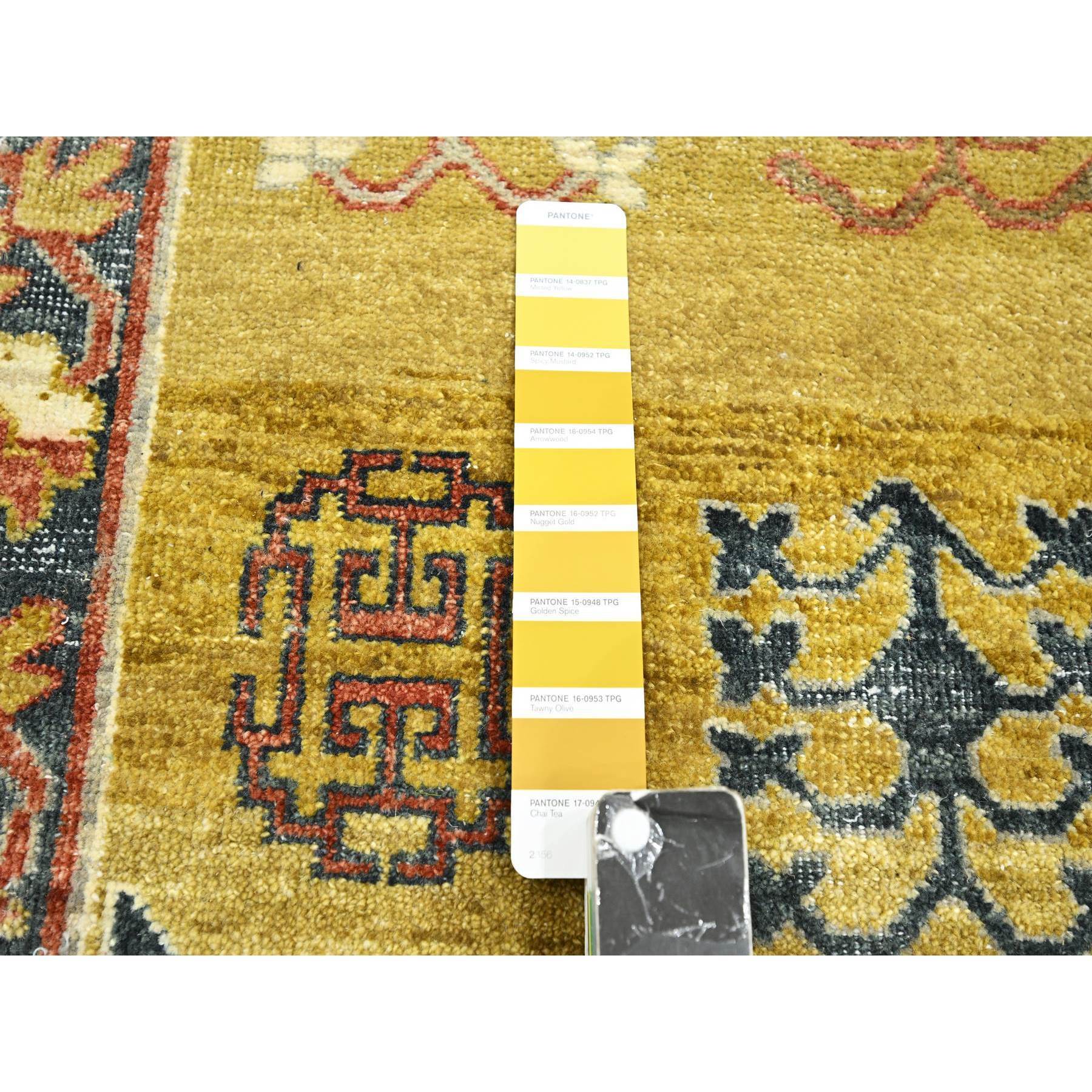 6'1"x9'4" Greenish Yellow, Khotan Influence, Shaved Low, Distressed, Zero Pile, Hand Knotted, 100% Wool, Oriental Rug HR75572 - Image 7