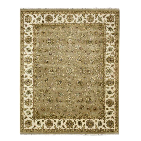 7'10"x9'10" Dark Vanilla Brown, Rajasthan with All Over Leaf Design, Hand Knotted, Wool and Silk, Thick and Plush, Oriental Rug HR75579