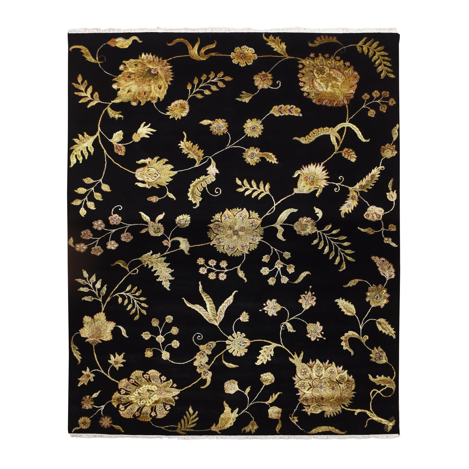 8'2'x10' Onyx Black, Borderless Botanical Design, Half Wool and Half Silk, Densely Woven, Soft Pile, Hand Knotted, Oriental Rug HR75580