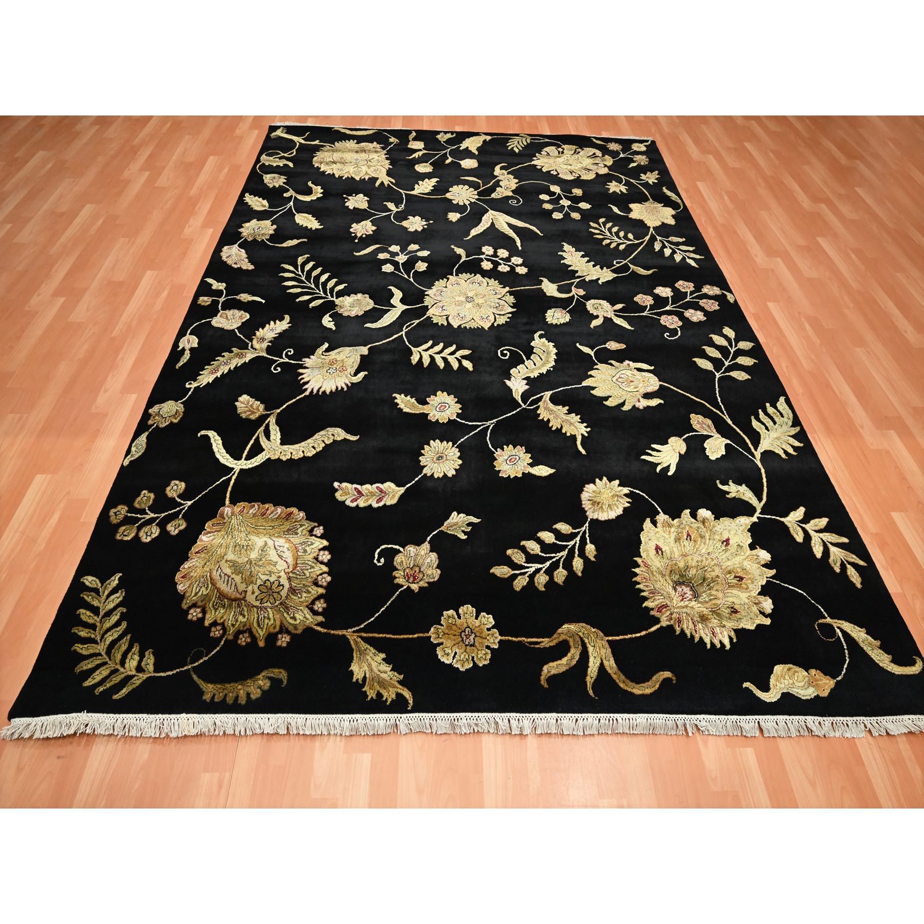 8'2'x10' Onyx Black, Borderless Botanical Design, Half Wool and Half Silk, Densely Woven, Soft Pile, Hand Knotted, Oriental Rug HR75580 - Image 2